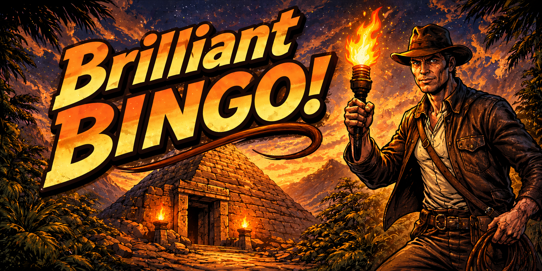 Adventurer with a torch and whip stands next to a pyramid, ready to enter.