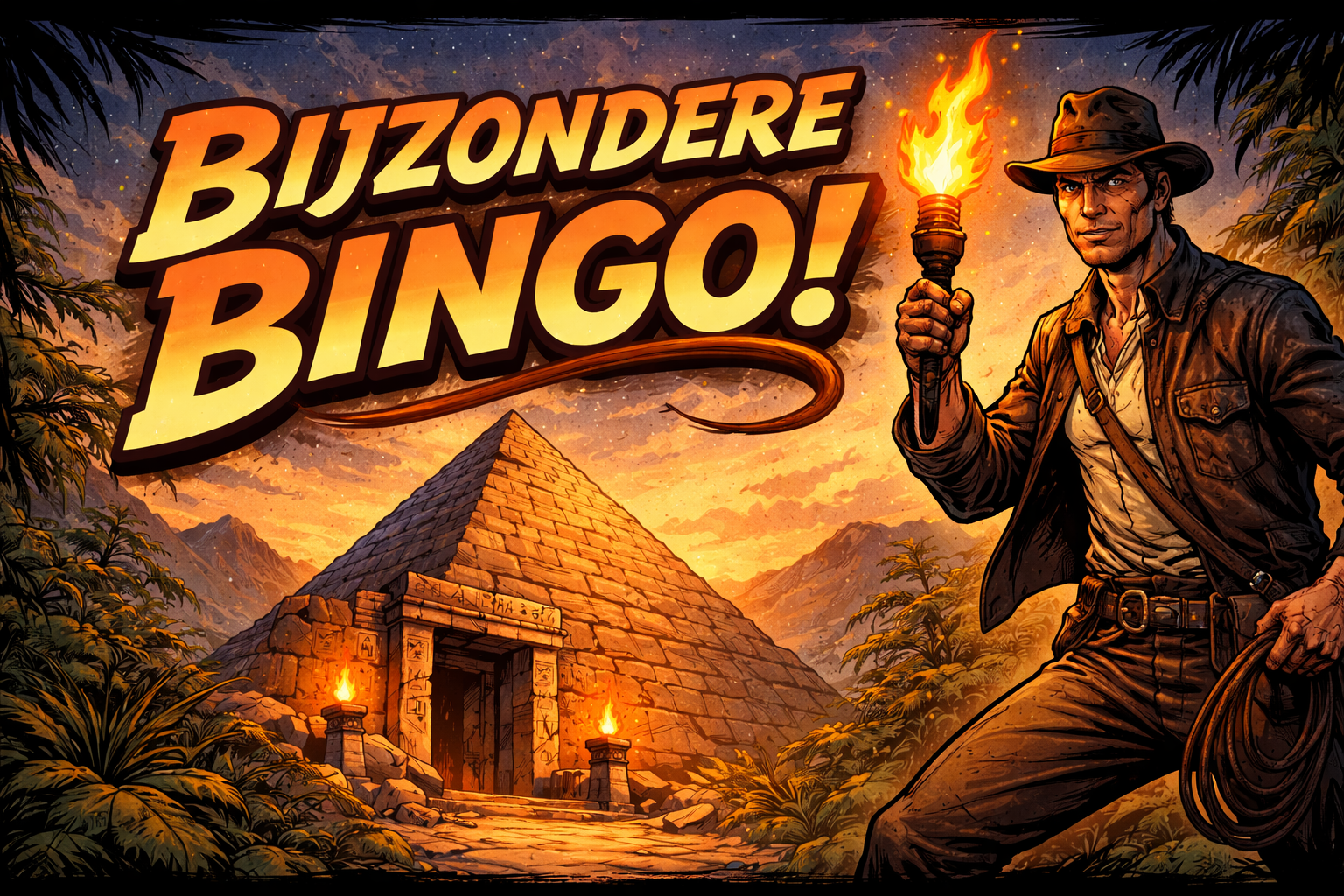 Avonturier met fakkel en zweep staat naast een pyramide, klaar om naar binnen te gaan.